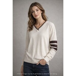 Cream V Neck Sweater Varsity Stripe Sleeve Knit Pullover L